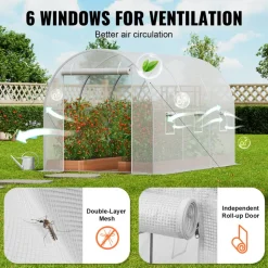VEVOR Walk-in Tunnel Greenhouse, 9.6x6.4x6.2 ft Hoop House Greenhouse Tunnel, Plant Hot House with Galvanized Steel Frame, White PE Cover, Roll-up Zipper Door and 6 Windows for Outdoor
