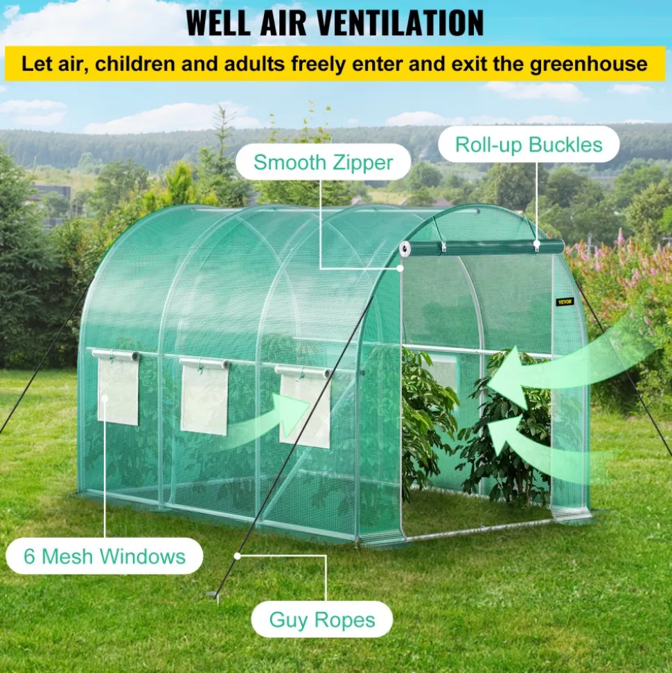 VEVOR Walk-in Tunnel Greenhouse, 9.8 x 6.6 x 6.6 ft Portable Plant Hot House with Galvanized Steel Hoops, 1 Top Beam, Diagonal Poles, Zippered Door & 6 Roll-up Windows, Green