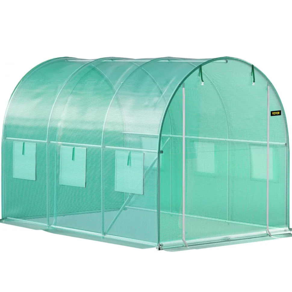 VEVOR Walk-in Tunnel Greenhouse, 9.8 x 6.6 x 6.6 ft Portable Plant Hot House with Galvanized Steel Hoops, 1 Top Beam, Diagonal Poles, Zippered Door & 6 Roll-up Windows, Green
