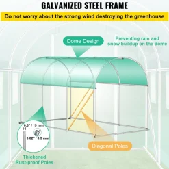 VEVOR Walk-in Tunnel Greenhouse, 9.8 x 6.6 x 6.6 ft Portable Plant Hot House with Galvanized Steel Hoops, 1 Top Beam, Diagonal Poles, Zippered Door & 6 Roll-up Windows, Green