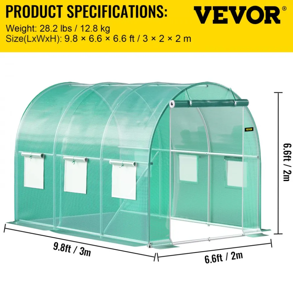 VEVOR Walk-in Tunnel Greenhouse, 9.8 x 6.6 x 6.6 ft Portable Plant Hot House with Galvanized Steel Hoops, 1 Top Beam, Diagonal Poles, Zippered Door & 6 Roll-up Windows, Green