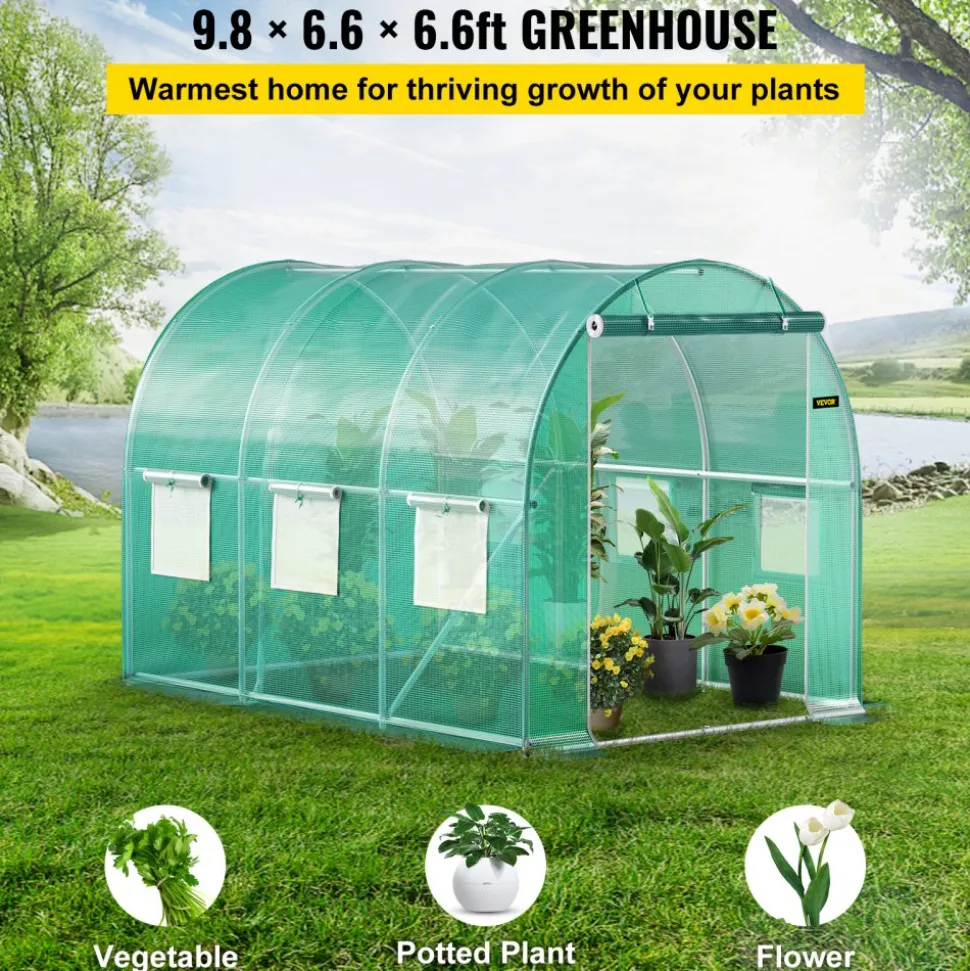 VEVOR Walk-in Tunnel Greenhouse, 9.8 x 6.6 x 6.6 ft Portable Plant Hot House with Galvanized Steel Hoops, 1 Top Beam, Diagonal Poles, Zippered Door & 6 Roll-up Windows, Green