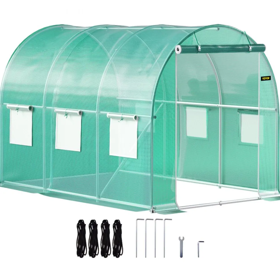 VEVOR Walk-in Tunnel Greenhouse, 9.8 x 6.6 x 6.6 ft Portable Plant Hot House with Galvanized Steel Hoops, 1 Top Beam, Diagonal Poles, Zippered Door & 6 Roll-up Windows, Green