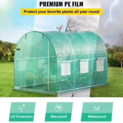 VEVOR Walk-in Tunnel Greenhouse, 9.8 x 6.6 x 6.6 ft Portable Plant Hot House with Galvanized Steel Hoops, 1 Top Beam, Diagonal Poles, Zippered Door & 6 Roll-up Windows, Green