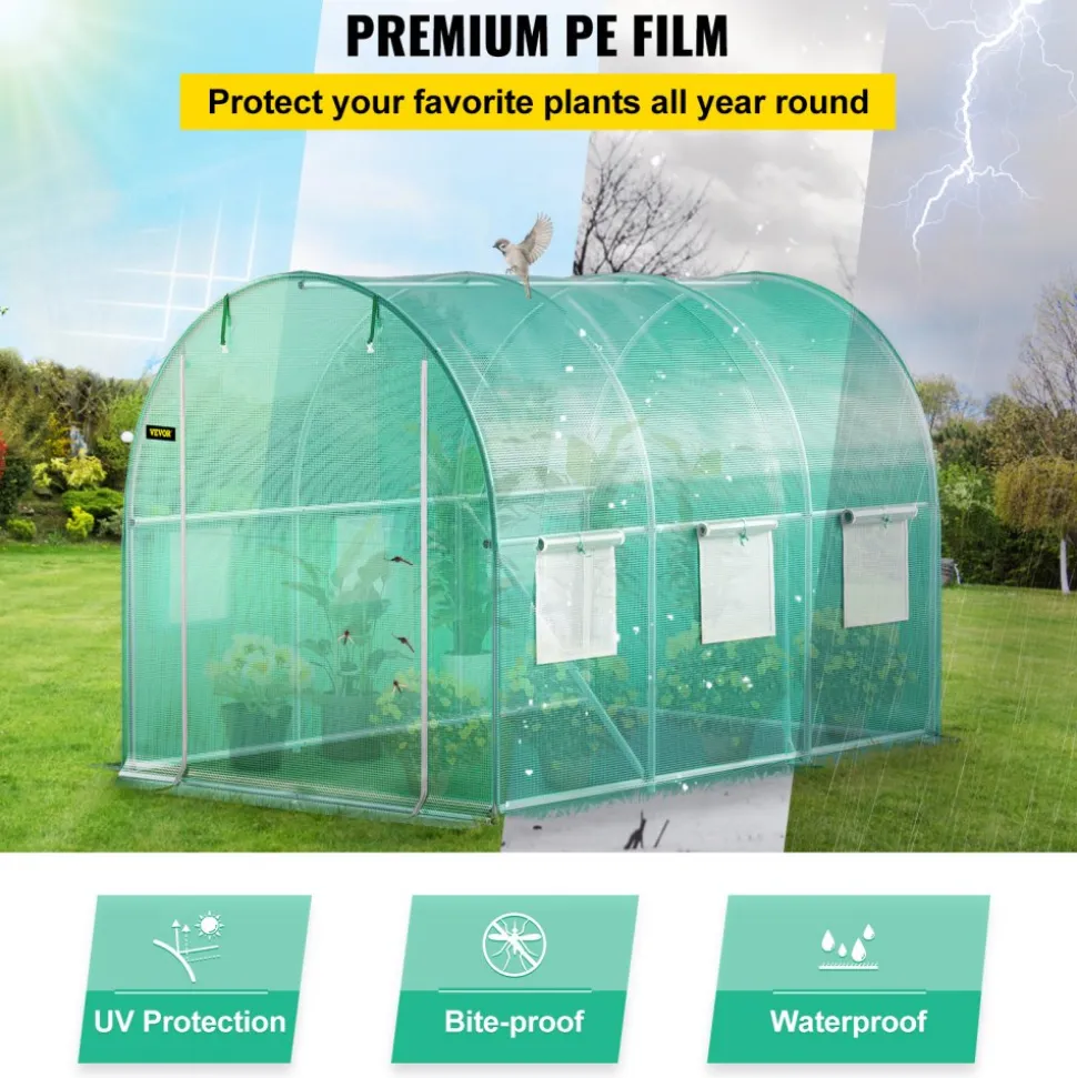 VEVOR Walk-in Tunnel Greenhouse, 9.8 x 6.6 x 6.6 ft Portable Plant Hot House with Galvanized Steel Hoops, 1 Top Beam, Diagonal Poles, Zippered Door & 6 Roll-up Windows, Green