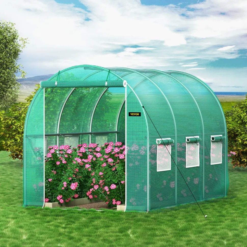 VEVOR Walk-in Tunnel Greenhouse, 9.8 x 6.6 x 6.6 ft Portable Plant Hot House with Galvanized Steel Hoops, 1 Top Beam, Diagonal Poles, Zippered Door & 6 Roll-up Windows, Green