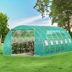 VEVOR Walk-in Tunnel Greenhouse, 20 x 10 x 7 ft Portable Plant Hot House with Galvanized Steel Hoops, 3 Top Beams, Diagonal Poles, 2 Zippered Doors & 12 Roll-up Windows, Green