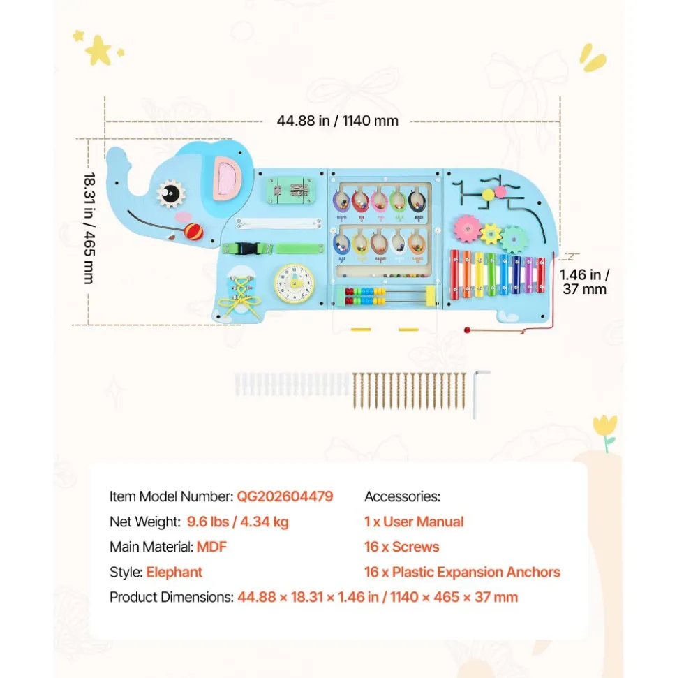 VEVOR Wall Busy Board, 14-in-1 Elephant Montessori Sensory Activity Panels, Learning Activity Center for Daycare, Classroom, Playroom, and Home, Sturdy Wooden Educational Toys, with Mounting Hardware