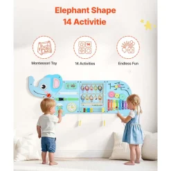 VEVOR Wall Busy Board, 14-in-1 Elephant Montessori Sensory Activity Panels, Learning Activity Center for Daycare, Classroom, Playroom, and Home, Sturdy Wooden Educational Toys, with Mounting Hardware