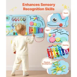 VEVOR Wall Busy Board, 14-in-1 Elephant Montessori Sensory Activity Panels, Learning Activity Center for Daycare, Classroom, Playroom, and Home, Sturdy Wooden Educational Toys, with Mounting Hardware