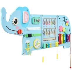 VEVOR Wall Busy Board, 14-in-1 Elephant Montessori Sensory Activity Panels, Learning Activity Center for Daycare, Classroom, Playroom, and Home, Sturdy Wooden Educational Toys, with Mounting Hardware