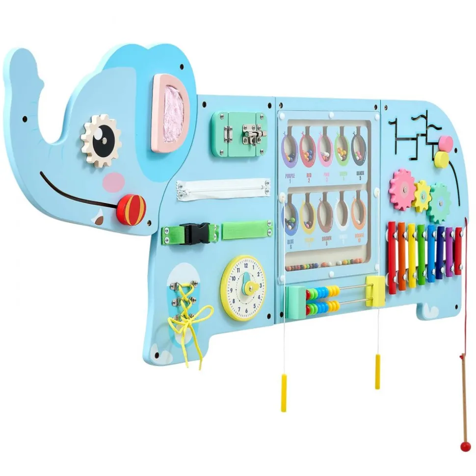VEVOR Wall Busy Board, 14-in-1 Elephant Montessori Sensory Activity Panels, Learning Activity Center for Daycare, Classroom, Playroom, and Home, Sturdy Wooden Educational Toys, with Mounting Hardware