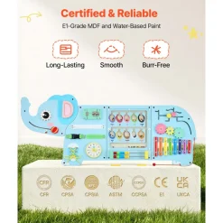 VEVOR Wall Busy Board, 14-in-1 Elephant Montessori Sensory Activity Panels, Learning Activity Center for Daycare, Classroom, Playroom, and Home, Sturdy Wooden Educational Toys, with Mounting Hardware
