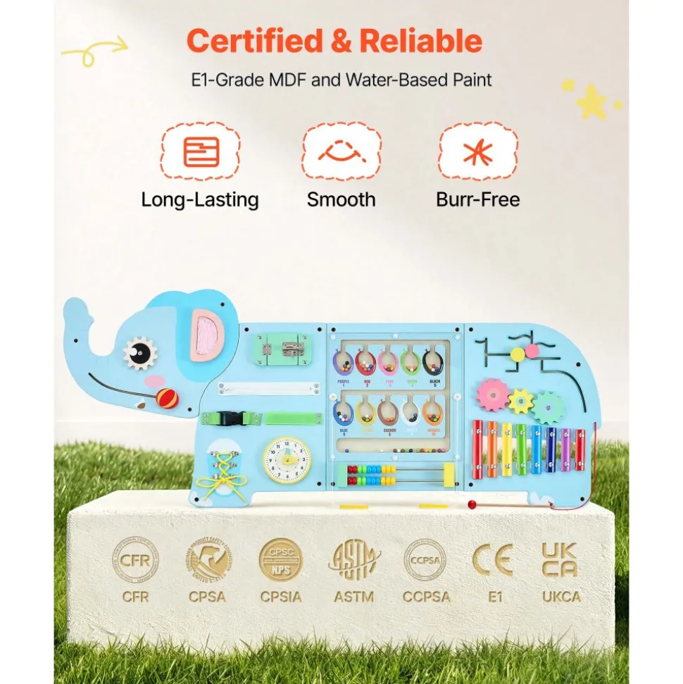VEVOR Wall Busy Board, 14-in-1 Elephant Montessori Sensory Activity Panels, Learning Activity Center for Daycare, Classroom, Playroom, and Home, Sturdy Wooden Educational Toys, with Mounting Hardware