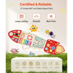 VEVOR Wall Busy Board, 13-in-1 Rocket Montessori Sensory Activity Panels, Learning Activity Center for Daycare, Classroom, Playroom, and Home, Sturdy Wooden Educational Toys, with Mounting Hardware