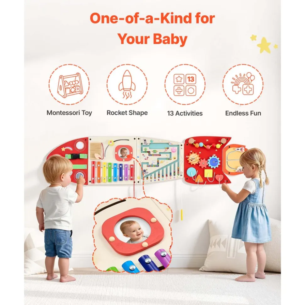 VEVOR Wall Busy Board, 13-in-1 Rocket Montessori Sensory Activity Panels, Learning Activity Center for Daycare, Classroom, Playroom, and Home, Sturdy Wooden Educational Toys, with Mounting Hardware