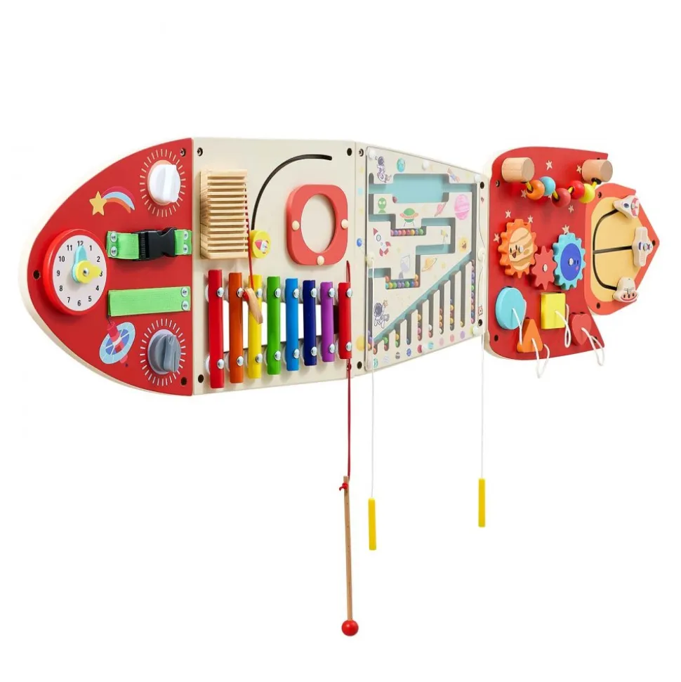 VEVOR Wall Busy Board, 13-in-1 Rocket Montessori Sensory Activity Panels, Learning Activity Center for Daycare, Classroom, Playroom, and Home, Sturdy Wooden Educational Toys, with Mounting Hardware