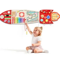 VEVOR Wall Busy Board, 13-in-1 Rocket Montessori Sensory Activity Panels, Learning Activity Center for Daycare, Classroom, Playroom, and Home, Sturdy Wooden Educational Toys, with Mounting Hardware