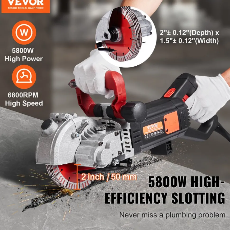 VEVOR Wall Chaser, 2500W 38mm/1.5" Cutting Width,Wall Groove Cutting Machine 52mm/2" Cutting Depth,Wall Slotting Machine With 5 Saw Blades 6.3" Diameter 6300r/Min,One-time Forming Dustless