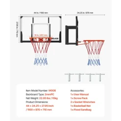VEVOR Wall Mount Basketball Hoop, 44-inch PC Backboard Mounted Basketball Hoop Outdoor with Solid Steel, 0.08 inch Thickened Backboard, Thickened Woven Nylon Basketballs Net, Indoor & Outdoor Use