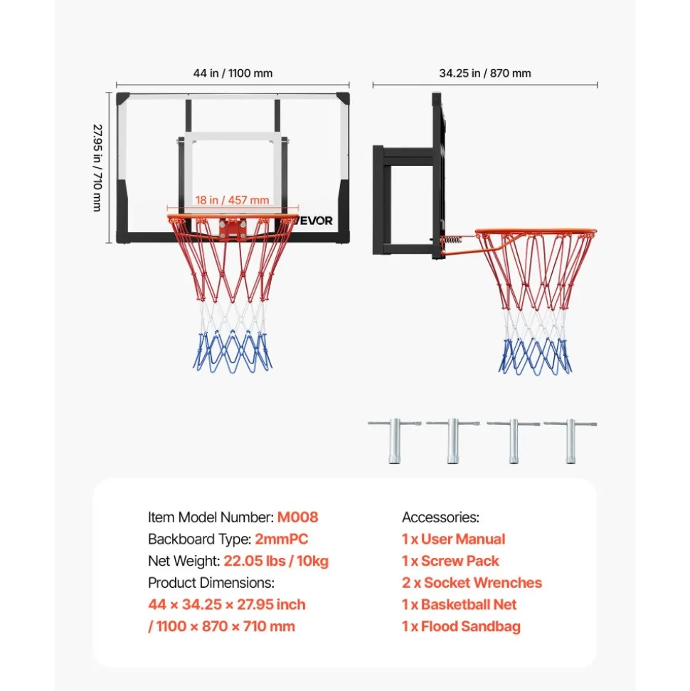 VEVOR Wall Mount Basketball Hoop, 44-inch PC Backboard Mounted Basketball Hoop Outdoor with Solid Steel, 0.08 inch Thickened Backboard, Thickened Woven Nylon Basketballs Net, Indoor & Outdoor Use