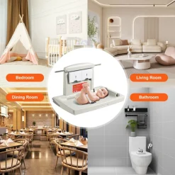 VEVOR Wall-Mounted Baby Changing Station, Horizontal Foldable Diaper Change Table with Safety Straps and Hanging Rods, Use in Commercial Bathrooms,  Daycare Centers for Newborns & Infant
