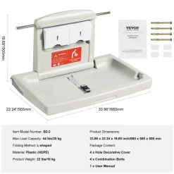 VEVOR Wall-Mounted Baby Changing Station, Horizontal Foldable Diaper Change Table with Safety Straps and Hanging Rods, Use in Commercial Bathrooms,  Daycare Centers for Newborns & Infant
