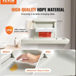 VEVOR Wall-Mounted Baby Changing Station, Horizontal Foldable Diaper Change Table with Safety Straps and Hanging Rods, Use in Commercial Bathrooms,  Daycare Centers for Newborns & Infant