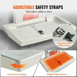 VEVOR Wall-Mounted Baby Changing Station, Horizontal Foldable Diaper Change Table with Safety Straps and Hanging Rods, Use in Commercial Bathrooms,  Daycare Centers for Newborns & Infant
