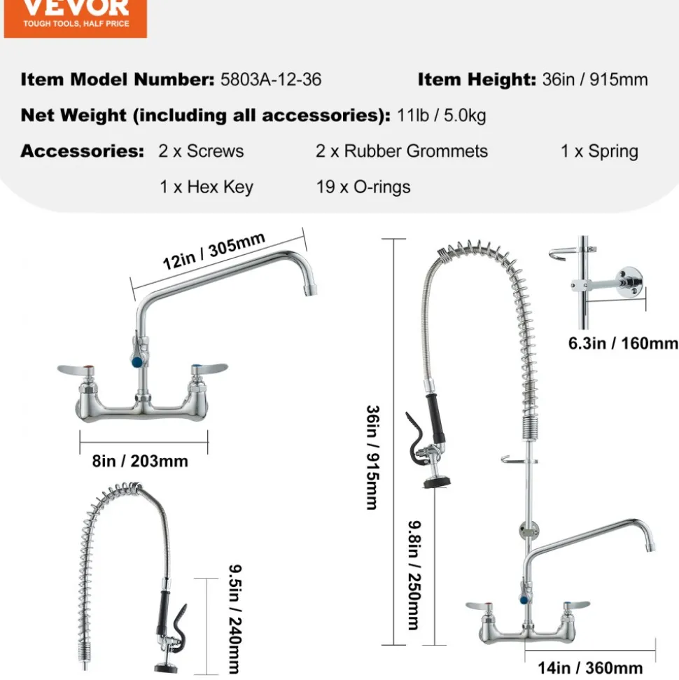 VEVOR Wall-Mounted Brass Kitchen Faucet, 36" Tall, 8" Installation Width, Includes 12" Rotating Spout and Pull-Down Sprayer, Suitable for Single, Double, or Triple Sinks