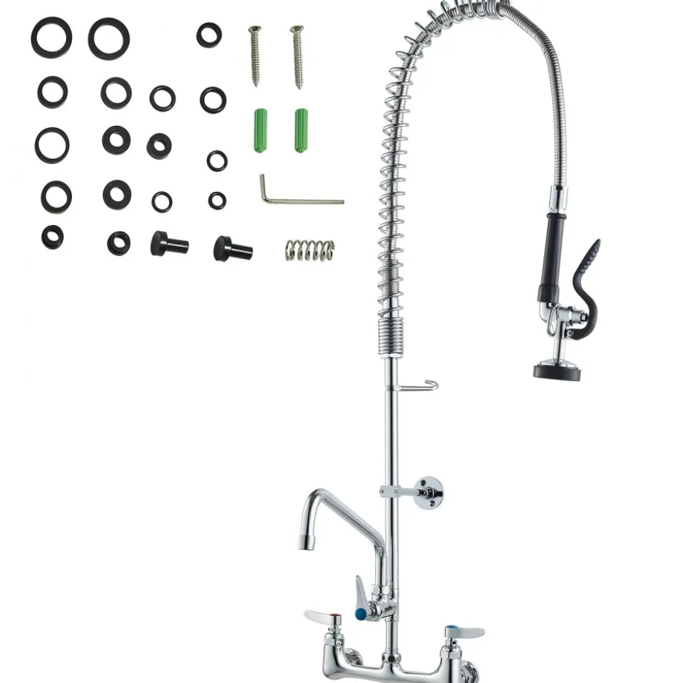 VEVOR Wall-Mounted Brass Kitchen Faucet, 36" Tall, 8" Installation Width, Includes 12" Rotating Spout and Pull-Down Sprayer, Suitable for Single, Double, or Triple Sinks