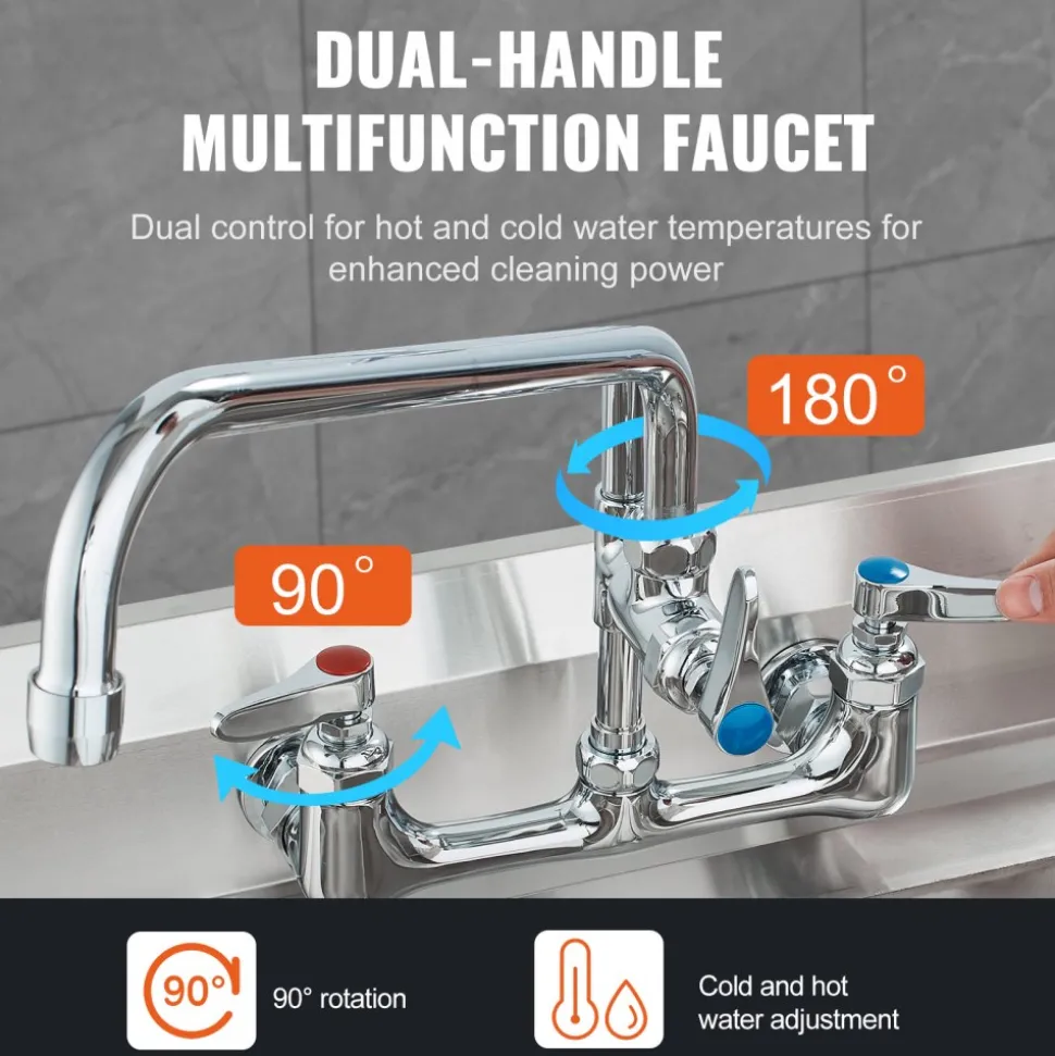 VEVOR Wall-Mounted Brass Kitchen Faucet, 36" Tall, 8" Installation Width, Includes 12" Rotating Spout and Pull-Down Sprayer, Suitable for Single, Double, or Triple Sinks