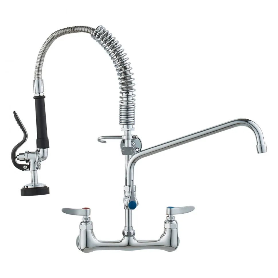VEVOR Wall-Mounted Brass Kitchen Faucet, 21" Tall, 8" Installation Width, Includes 12" Rotating Spout and Pull-Down Sprayer, Suitable for Single, Double, or Triple Sinks
