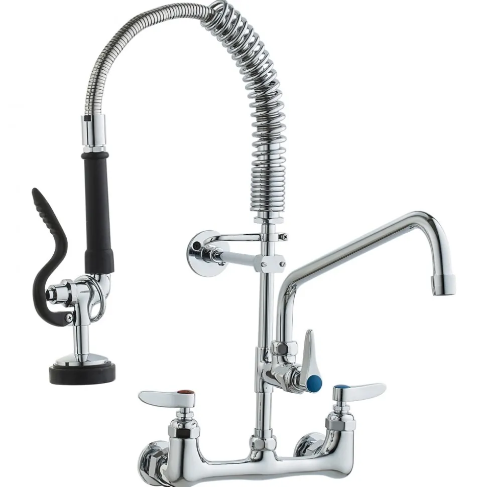 VEVOR Wall-Mounted Brass Kitchen Faucet, 21" Tall, 8" Installation Width, Includes 12" Rotating Spout and Pull-Down Sprayer, Suitable for Single, Double, or Triple Sinks