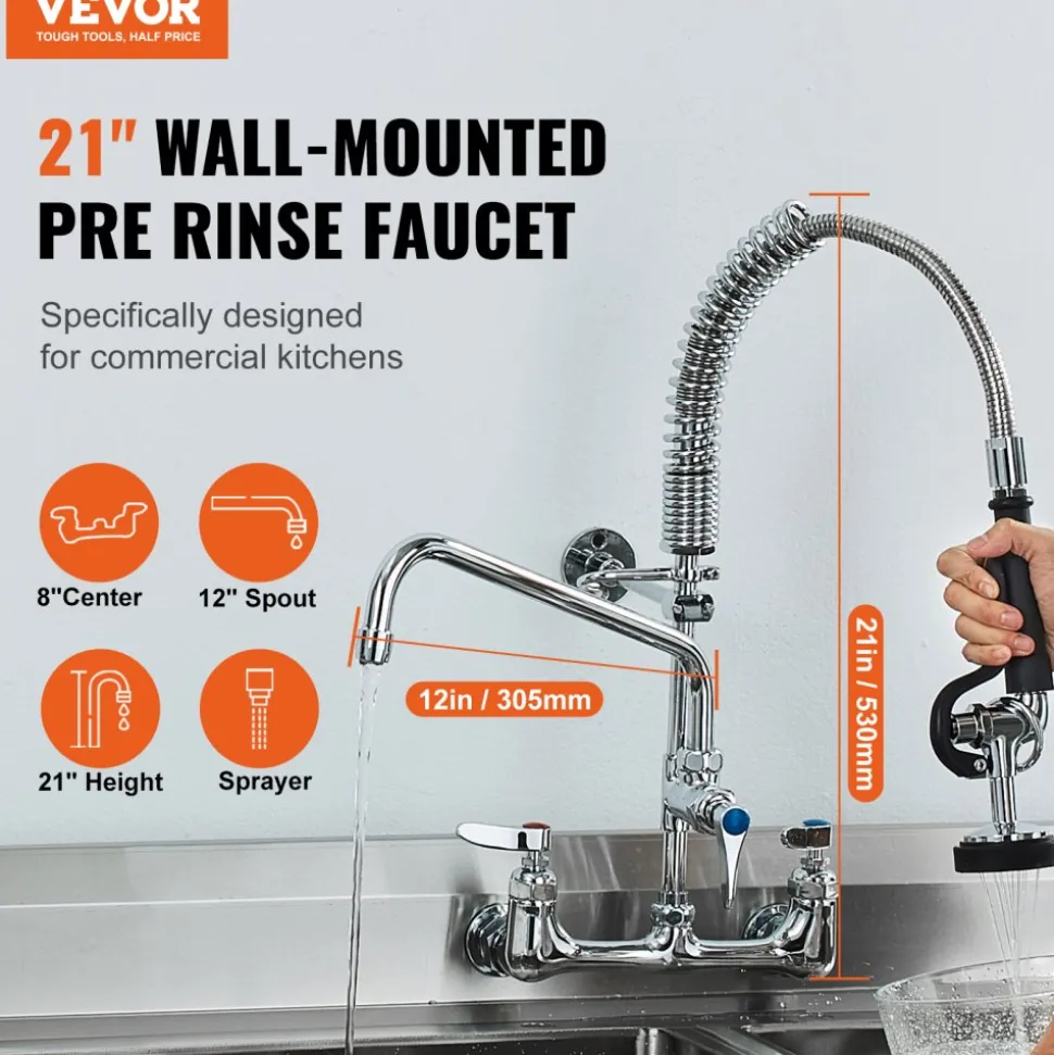 VEVOR Wall-Mounted Brass Kitchen Faucet, 21" Tall, 8" Installation Width, Includes 12" Rotating Spout and Pull-Down Sprayer, Suitable for Single, Double, or Triple Sinks