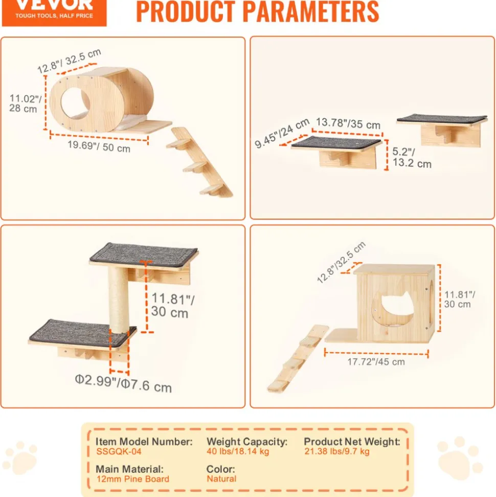 VEVOR Wall Mounted Cat Shelves, Cat Wall Shelves and Perches with Jumping Boards, Cat Beds, Hammocks & Cat Tree, Cat Furniture and Shelves up to 40 lbs for Sleeping, Playing, Climbing, Set of 7