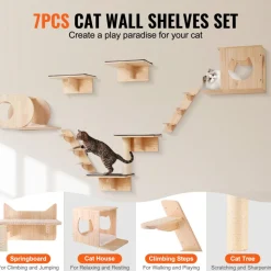 VEVOR Wall Mounted Cat Shelves, Cat Wall Shelves and Perches with Jumping Boards, Cat Beds, Hammocks & Cat Tree, Cat Furniture and Shelves up to 40 lbs for Sleeping, Playing, Climbing, Set of 7