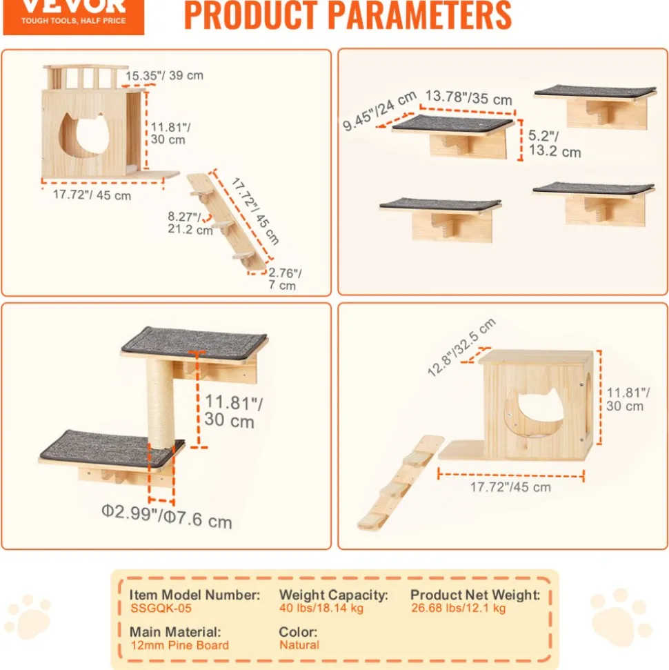 VEVOR Wall Mounted Cat Shelves, Cat Wall Shelves and Perches with Jumping Boards, Cat Beds, Hammocks & Cat Tree, Cat Furniture and Shelves up to 40 lbs for Sleeping, Playing, Climbing, Set of 9