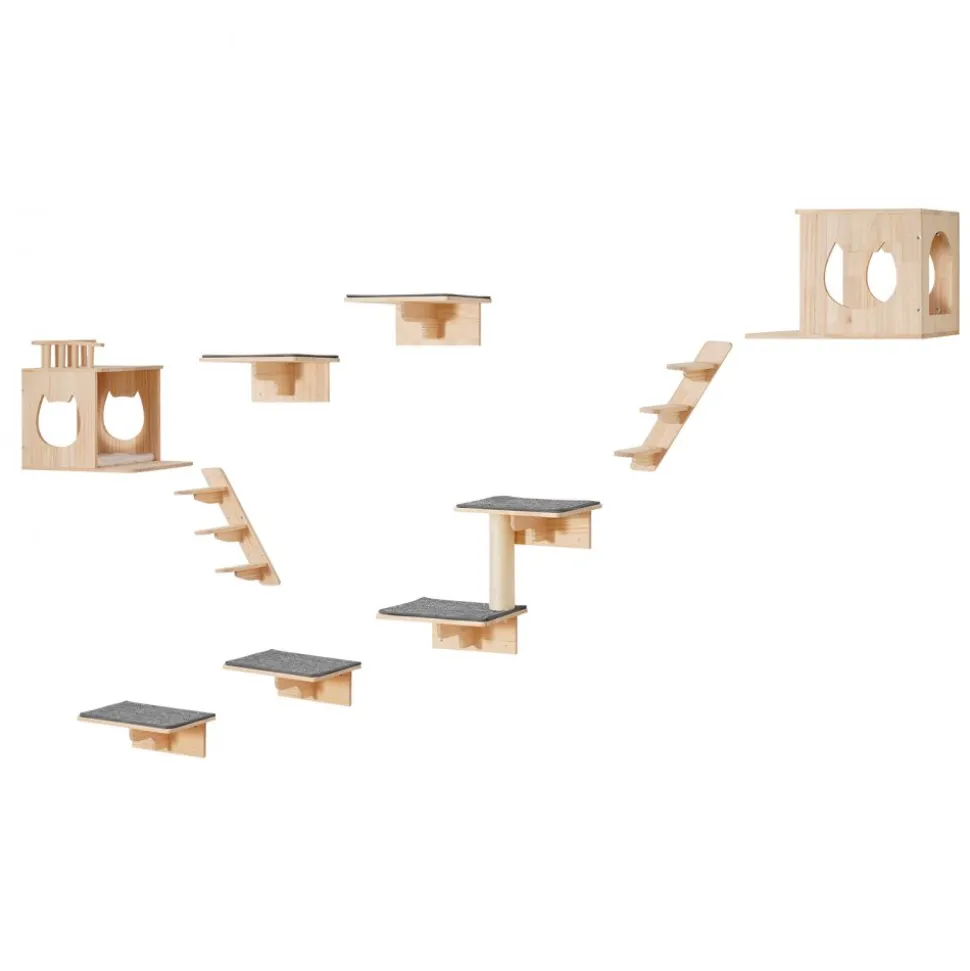 VEVOR Wall Mounted Cat Shelves, Cat Wall Shelves and Perches with Jumping Boards, Cat Beds, Hammocks & Cat Tree, Cat Furniture and Shelves up to 40 lbs for Sleeping, Playing, Climbing, Set of 9