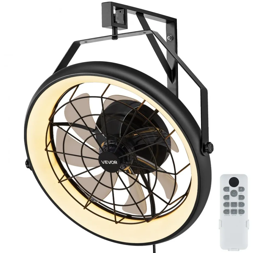 VEVOR Wall Mounted Fan with Lights, 22 inch Wall Mount Fan with Remote, 6 Speeds Plug in Wall Fan, Reversible, Dimmable 3-color Lighting, Timer, 360°Adjustable Tilt for Workshop, Patio, Home