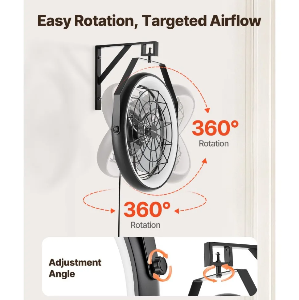 VEVOR Wall Mounted Fan with Lights, 22 inch Wall Mount Fan with Remote, 6 Speeds Plug in Wall Fan, Reversible, Dimmable 3-color Lighting, Timer, 360°Adjustable Tilt for Workshop, Patio, Home