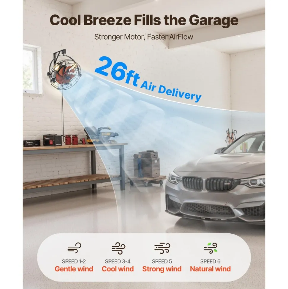 VEVOR Wall Mounted Fan with Lights, 21 inch Wall Mount Fan with Remote, 6 Speeds Plug in Wall Fan, Timer, 360°Adjustable Tilt for Bedroom,Garage,Workshop (Compatible 4 E26 Bulb Sockets,No Bulb)