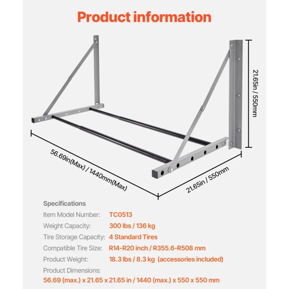 VEVOR Wall Mounted Folding Tire Rack, 32" - 48" Adjustable Tire Rack, Q235 Heavy-Duty Steel Tire Storage Rack for R14-R20 inch Standard Tires, Max 300lbs Load Capacity for Garage Workshop Repair Shop