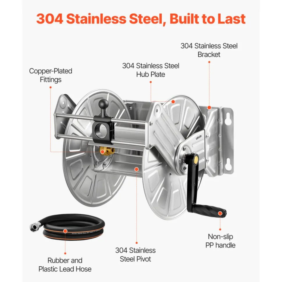 VEVOR Wall Mounted Garden Hose Reel, Holds 135 Feet of 5/8-inch Hose, Outdoor Heavy-Duty Waterhose Holder Winder, with Widened Top Tray, Aluminum Alloy Connector, Decorative Pattern, for Backyards