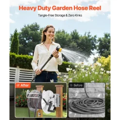VEVOR Wall Mounted Garden Hose Reel, Holds 135 Feet of 5/8-inch Hose, Outdoor Heavy-Duty Waterhose Holder Winder, with Widened Top Tray, Aluminum Alloy Connector, Decorative Pattern, for Backyards