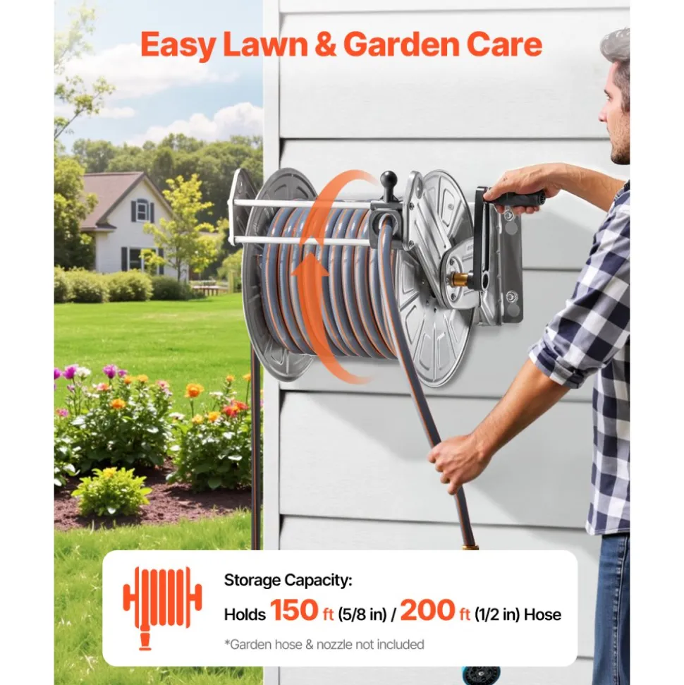 VEVOR Wall Mounted Garden Hose Reel, Holds 135 Feet of 5/8-inch Hose, Outdoor Heavy-Duty Waterhose Holder Winder, with Widened Top Tray, Aluminum Alloy Connector, Decorative Pattern, for Backyards