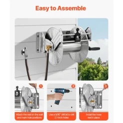 VEVOR Wall Mounted Garden Hose Reel, Holds 135 Feet of 5/8-inch Hose, Outdoor Heavy-Duty Waterhose Holder Winder, with Widened Top Tray, Aluminum Alloy Connector, Decorative Pattern, for Backyards