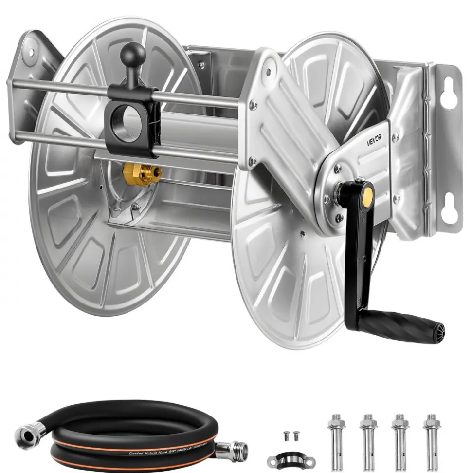 VEVOR Wall Mounted Garden Hose Reel, Holds 135 Feet of 5/8-inch Hose, Outdoor Heavy-Duty Waterhose Holder Winder, with Widened Top Tray, Aluminum Alloy Connector, Decorative Pattern, for Backyards