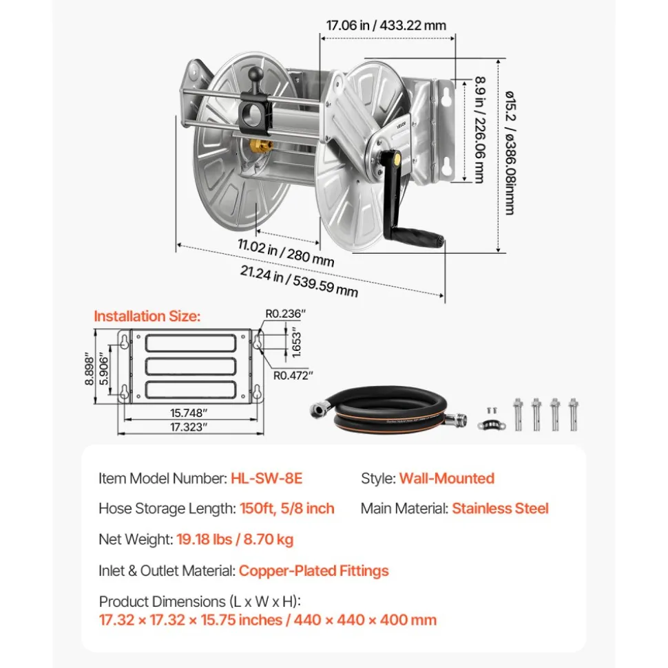 VEVOR Wall Mounted Garden Hose Reel, Holds 135 Feet of 5/8-inch Hose, Outdoor Heavy-Duty Waterhose Holder Winder, with Widened Top Tray, Aluminum Alloy Connector, Decorative Pattern, for Backyards