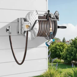 VEVOR Wall Mounted Garden Hose Reel, Holds 135 Feet of 5/8-inch Hose, Outdoor Heavy-Duty Waterhose Holder Winder, with Widened Top Tray, Aluminum Alloy Connector, Decorative Pattern, for Backyards